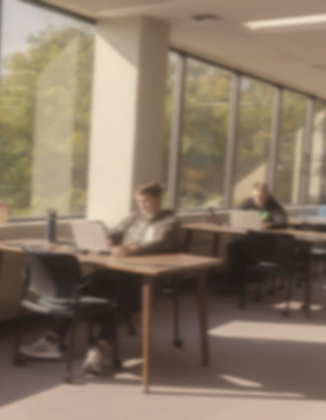 Two students on laptops in a bright study room